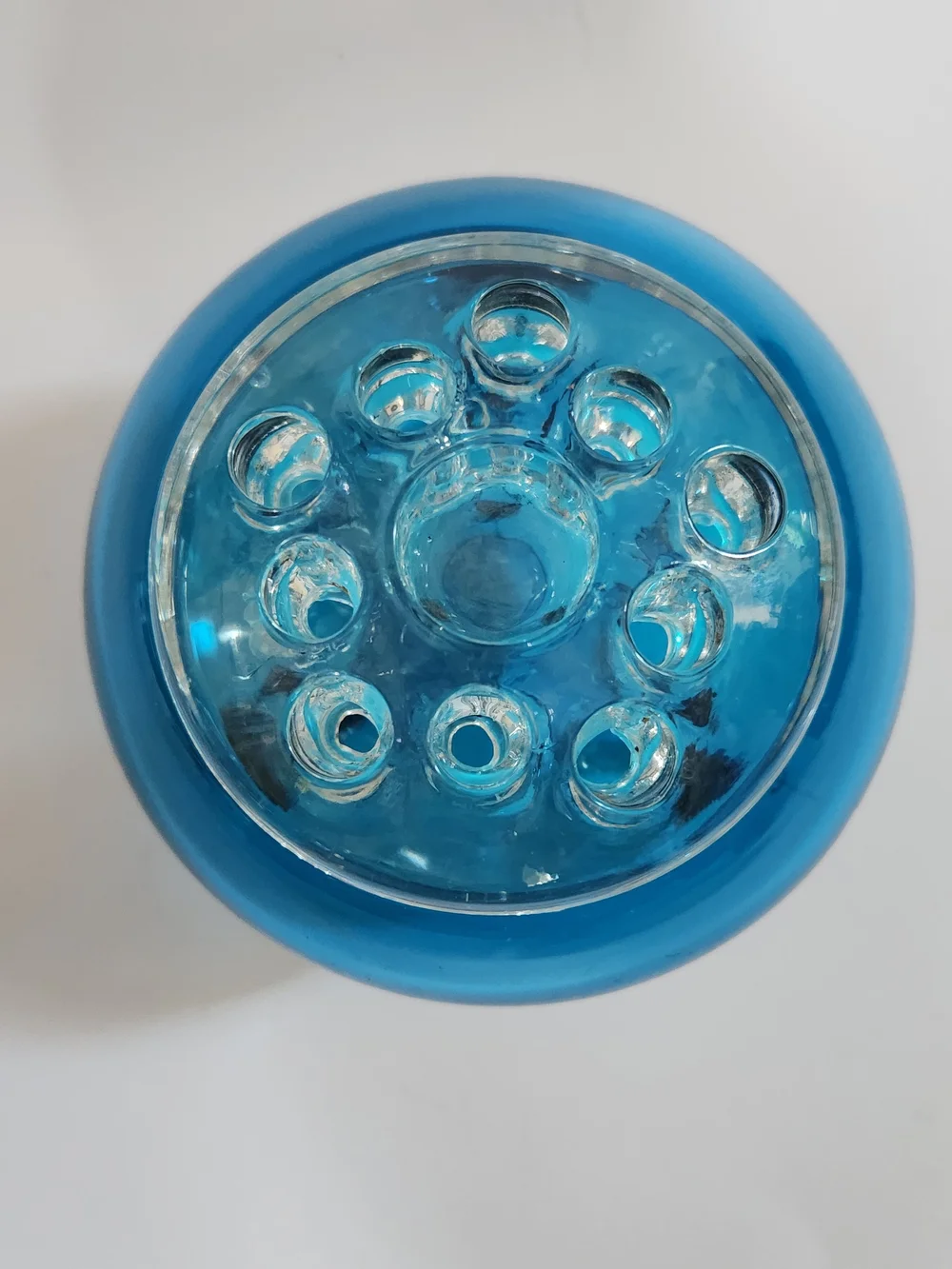 VIKING Glass Bluenique FLOWERLITE Vase/Candle Holder w/Original Flower Frog MCM